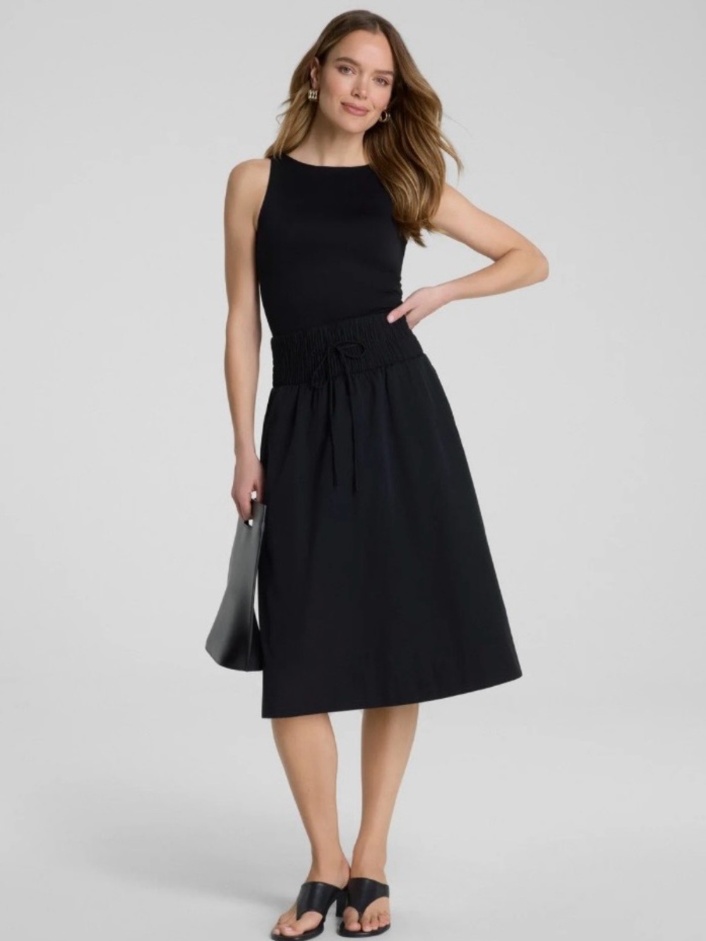 Spanx Poplin Smocked A-Line Midi Skirt Black Size 1X